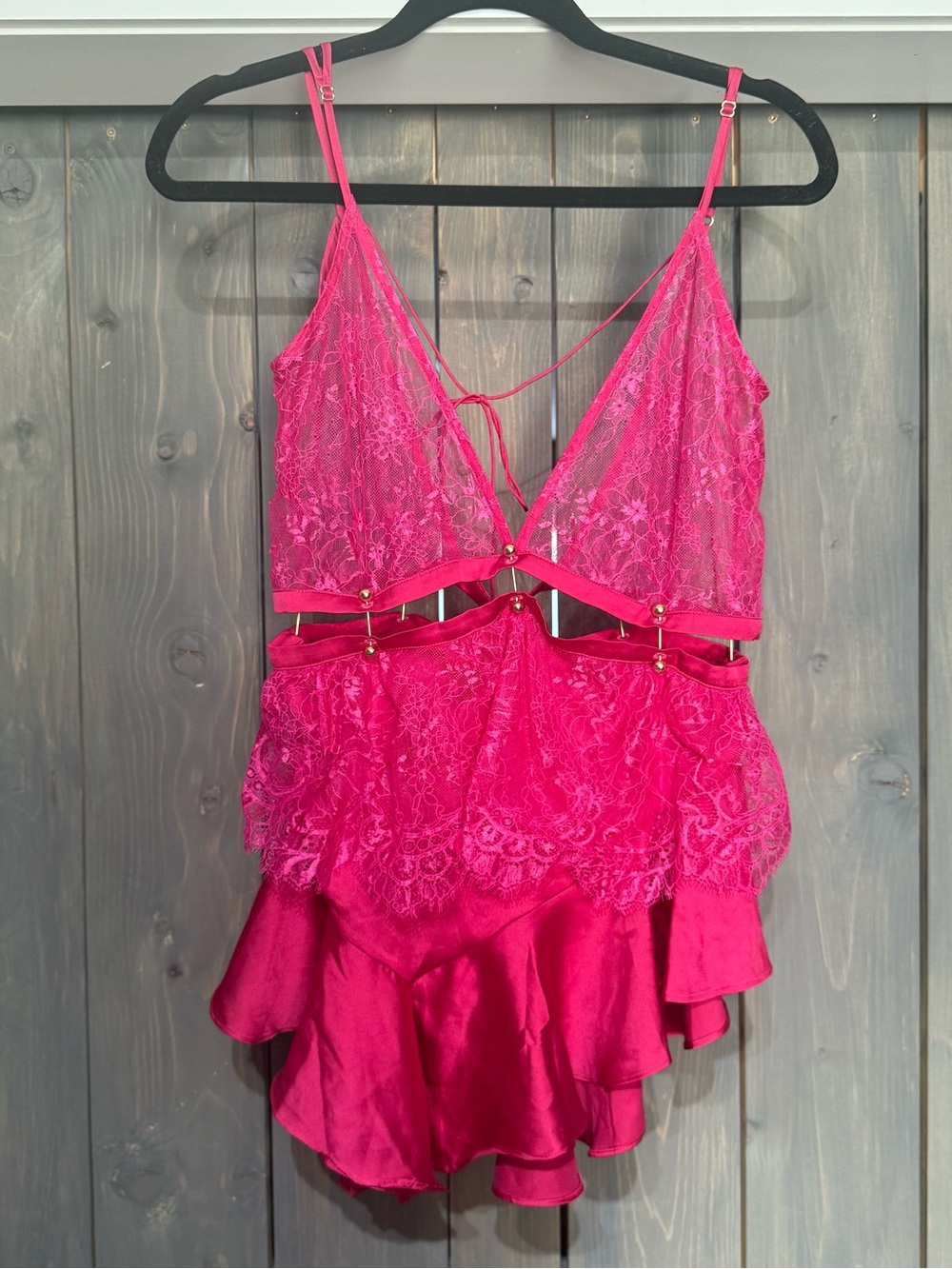 For Love & Lemons Fuchsia Lace Satin Lingerie Romper Teddy XS NWT
